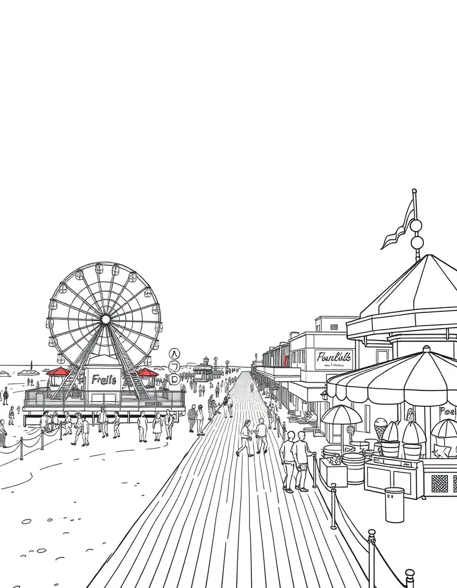 A bustling boardwalk on an American beach with Ferris wheels and ice cream.