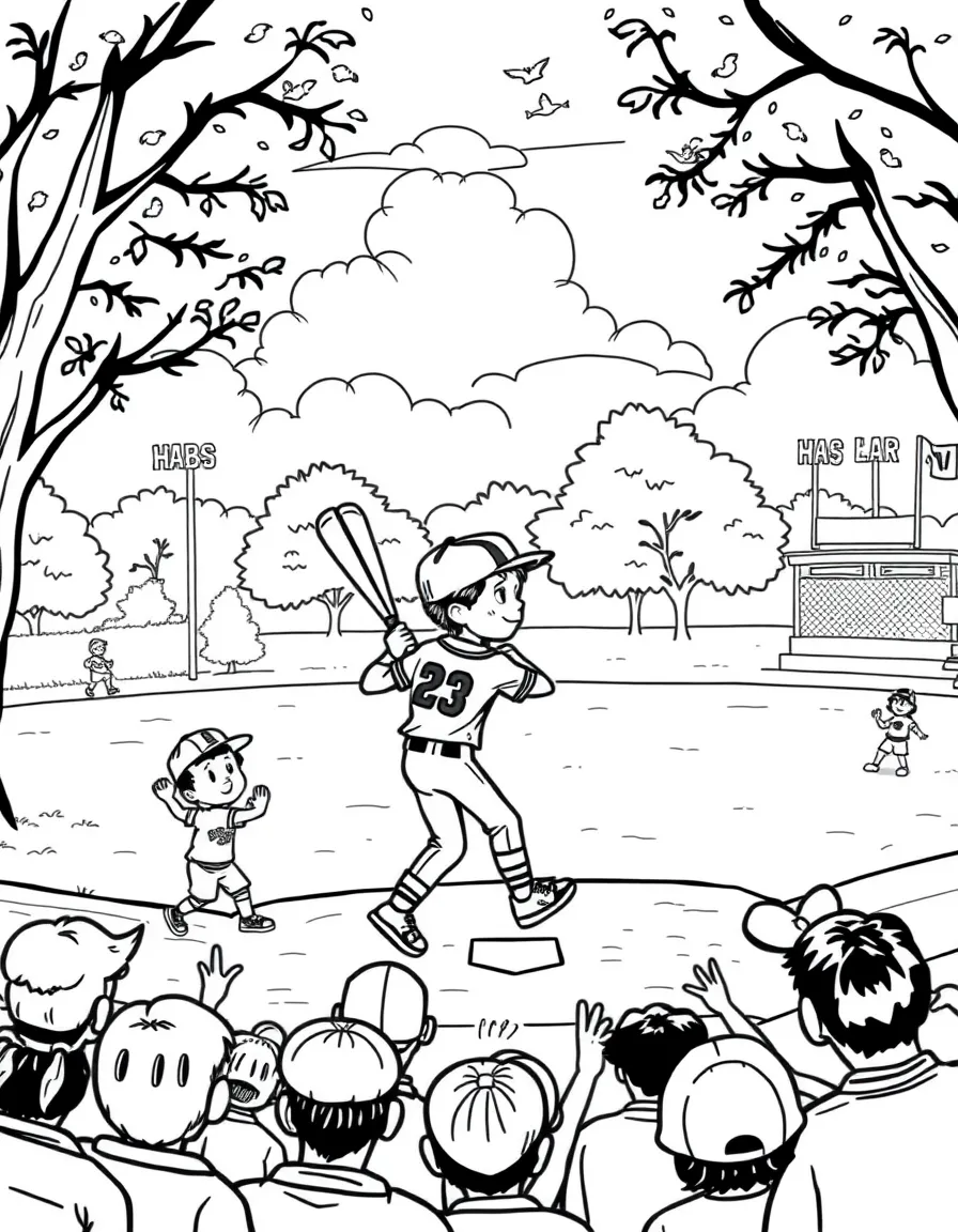 Kids playing baseball in an American park with a cheering crowd.