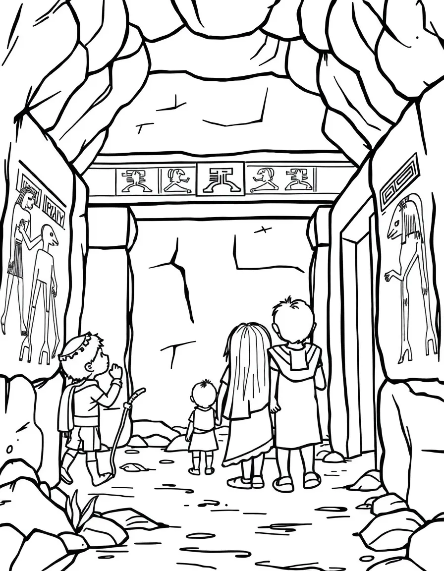 Kids exploring an ancient Egyptian tomb with colorful paintings on the walls.