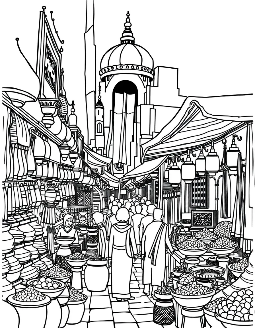 A bustling souk in Cairo, Egypt, with spices and textiles.