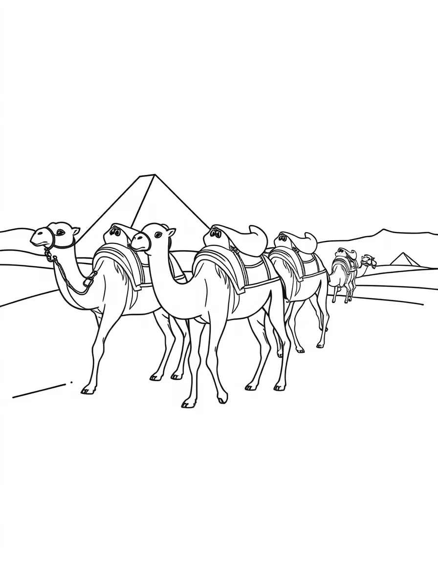 Camels walking in a caravan across the Egyptian desert.
