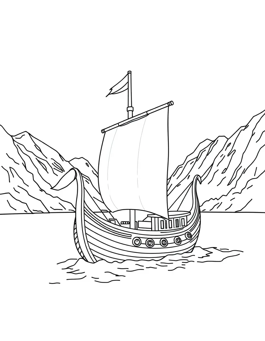 A Viking ship sailing on a Norwegian fjord with mountains in the background.