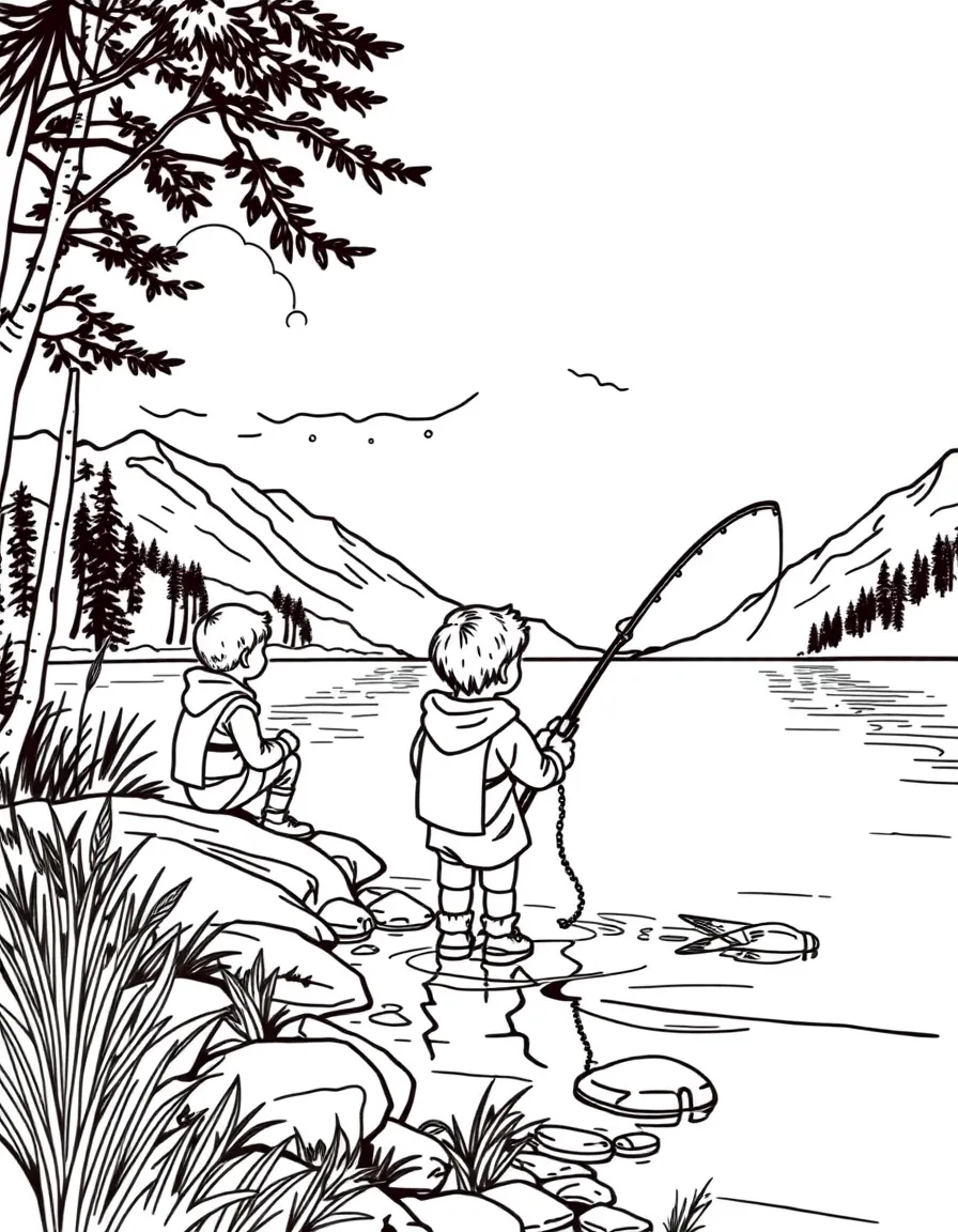 Kids fishing in a clear blue lake in Norway.