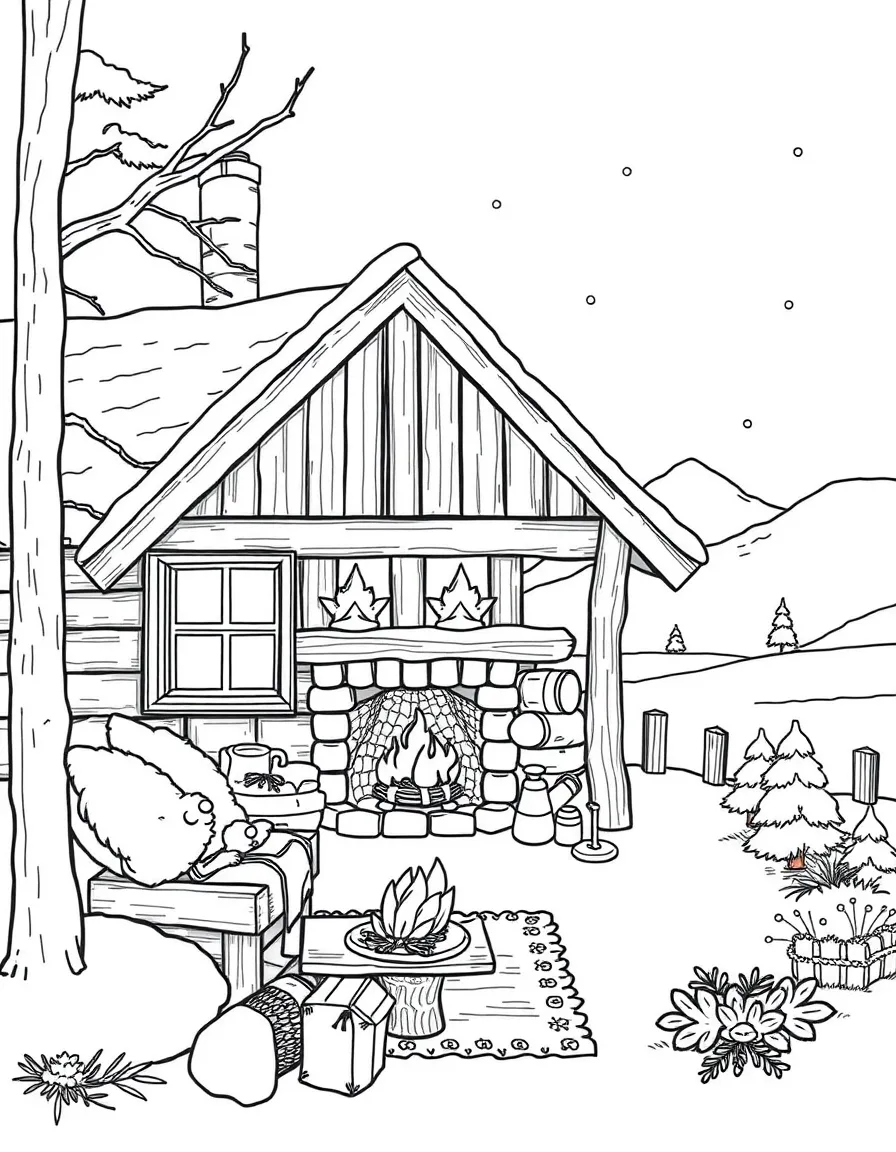 A traditional Norwegian cabin with a cozy fireplace and a snowy view.