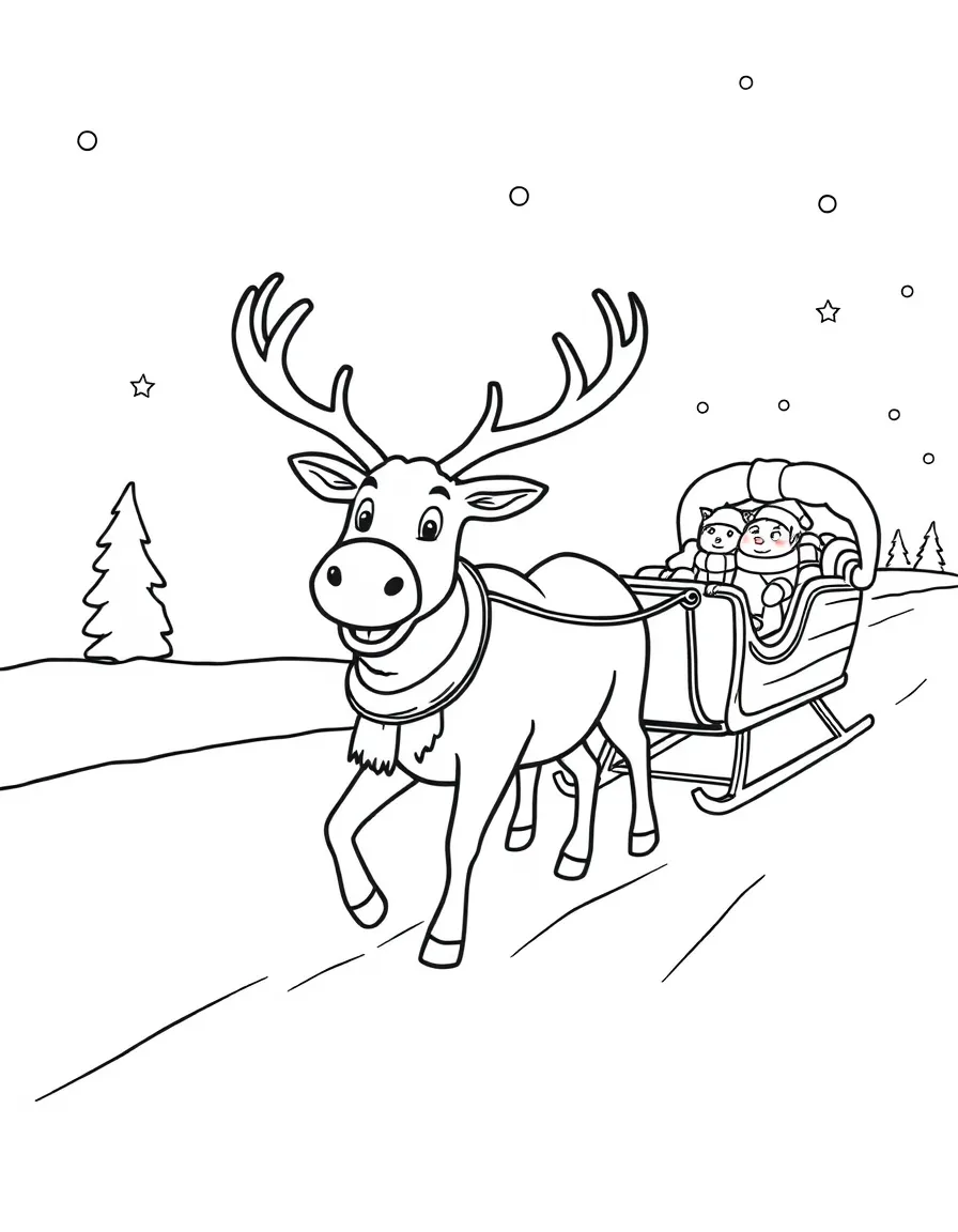 A friendly reindeer pulling a sleigh through the Norwegian snow.