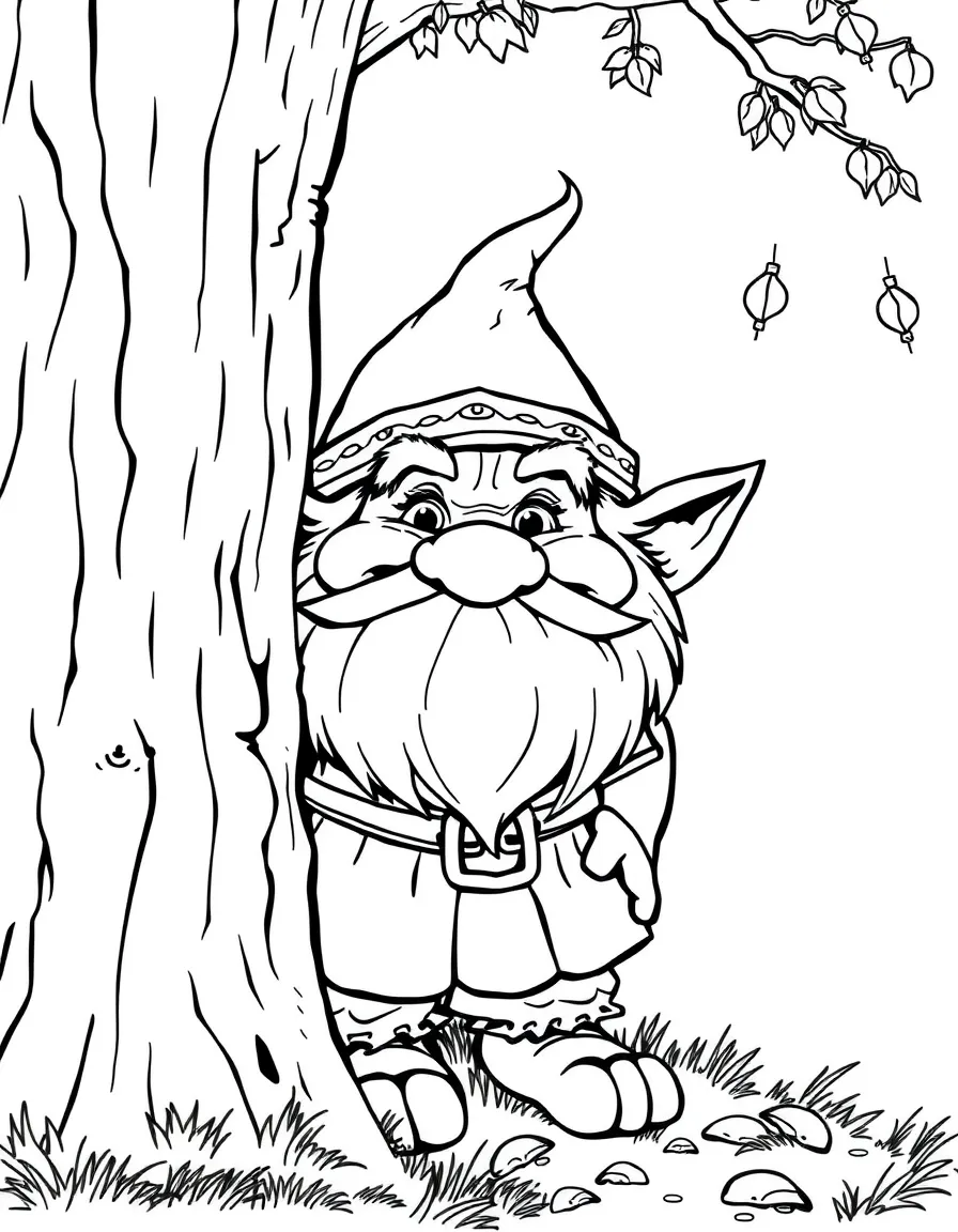 A traditional Norwegian troll (friendly!) peeking from behind a tree.