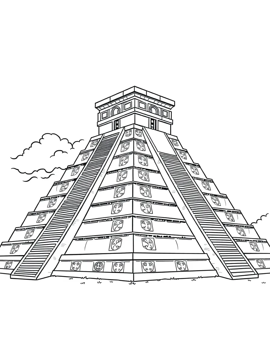 The Chichen Itza pyramid in Mexico with ancient Mayan symbols.