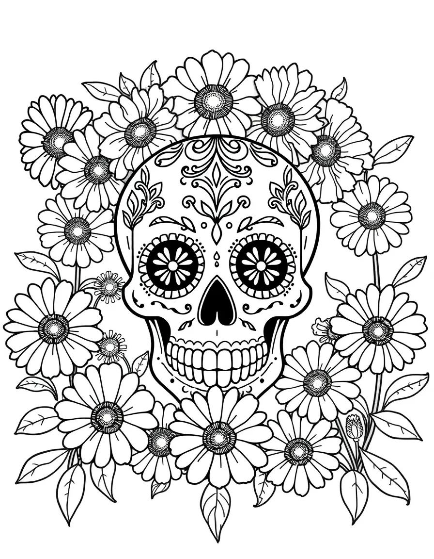 A vibrant Día de los Muertos celebration in Mexico with sugar skulls and marigolds.