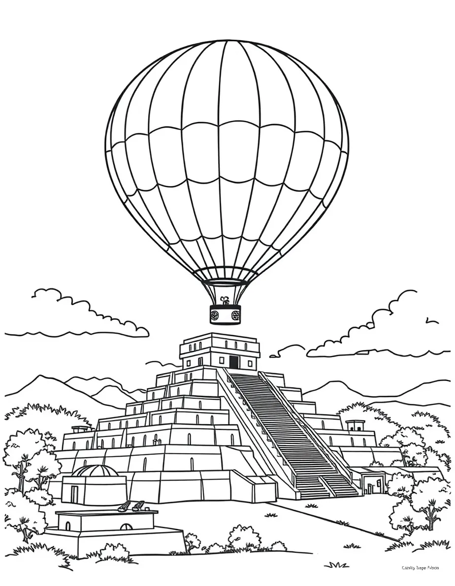A hot air balloon floating over the ancient ruins of Teotihuacan in Mexico.