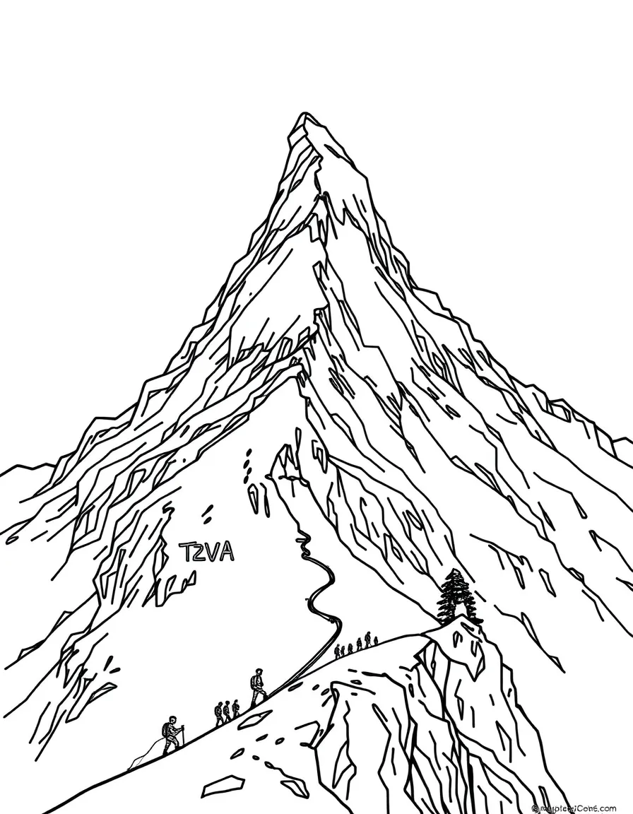 The Matterhorn mountain in Switzerland with tiny climbers and cable cars.