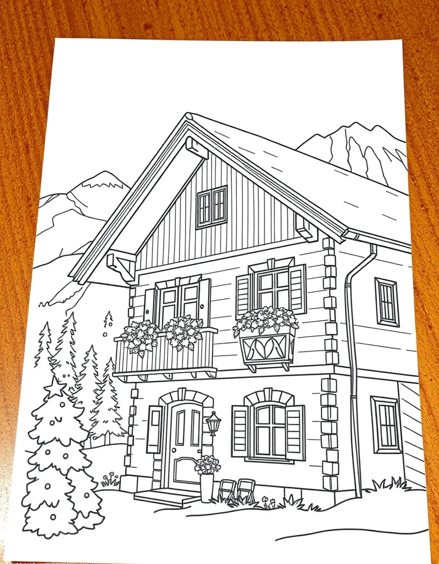 A traditional Swiss chalet with flowers on the balconies and snowy peaks.