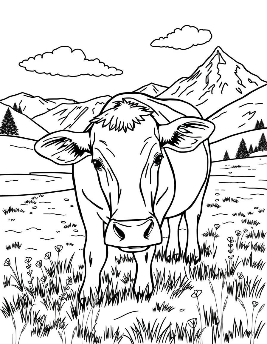 A peaceful cow grazing in an alpine meadow in Switzerland with cowbells clinking.