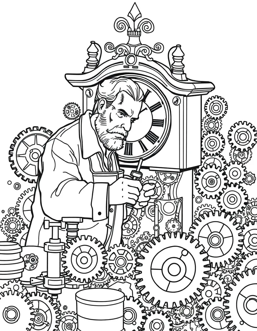 A traditional Swiss clockmaker at work, surrounded by intricate gears.
