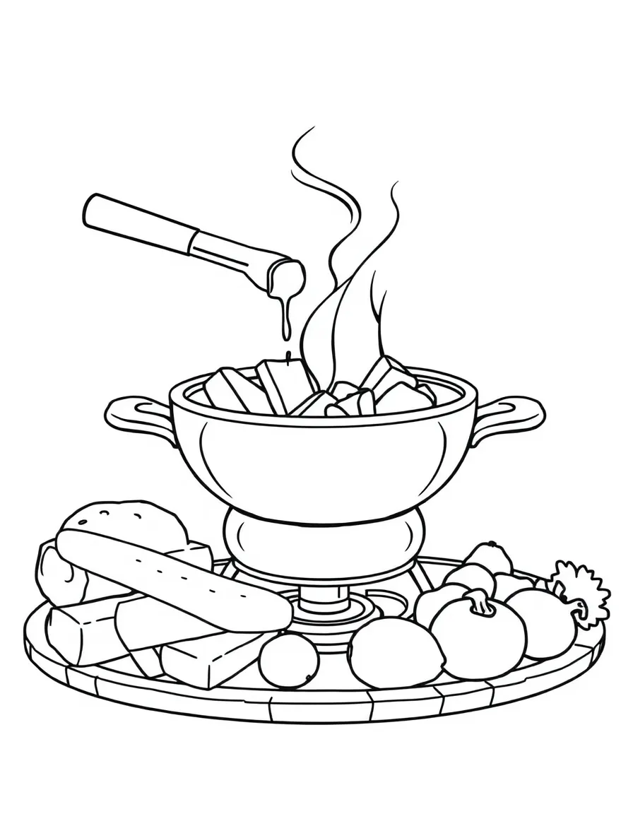 A delicious fondue pot in Switzerland with bread and dipping vegetables.