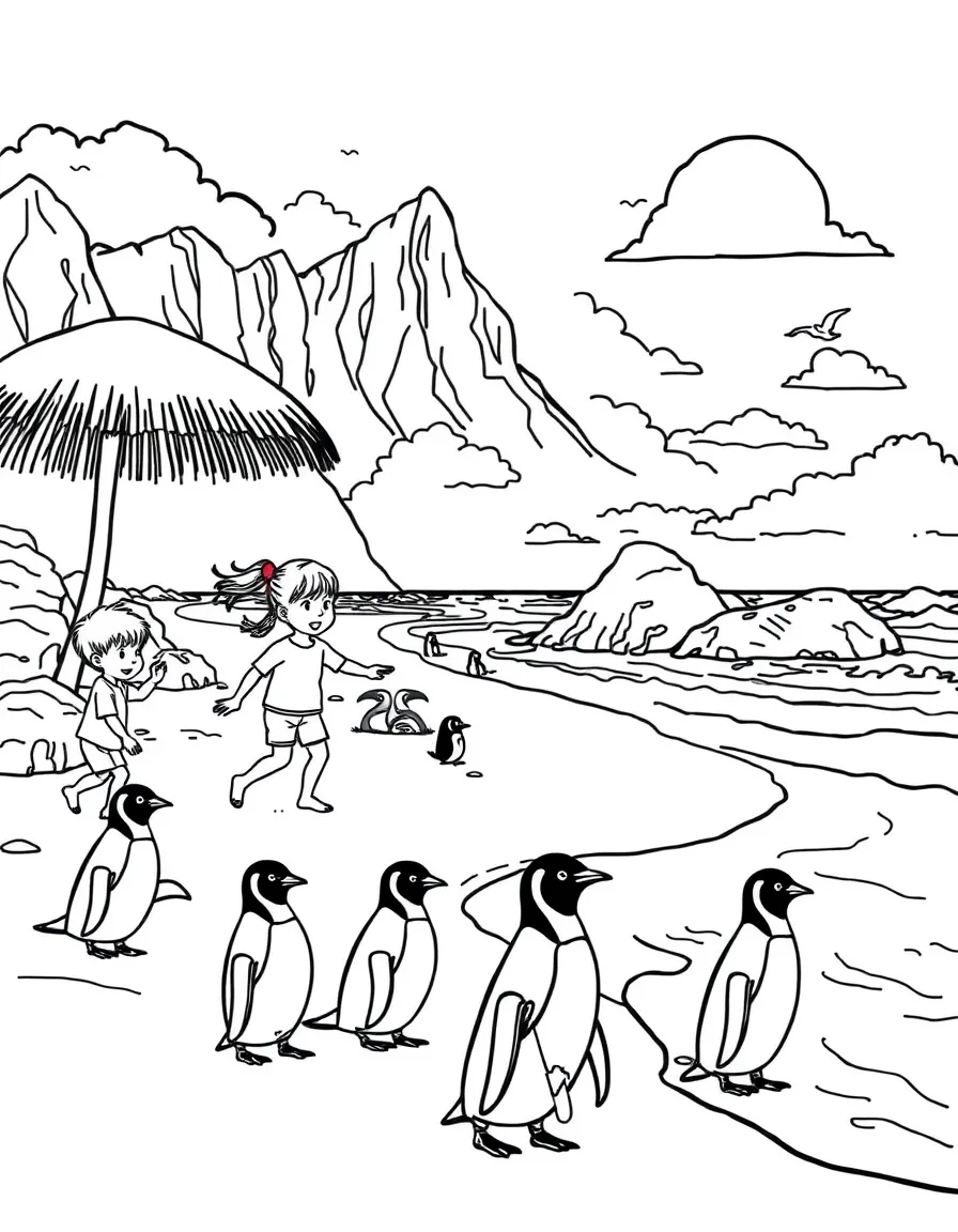 Kids playing on a sunny beach in Cape Town with penguins waddling nearby.