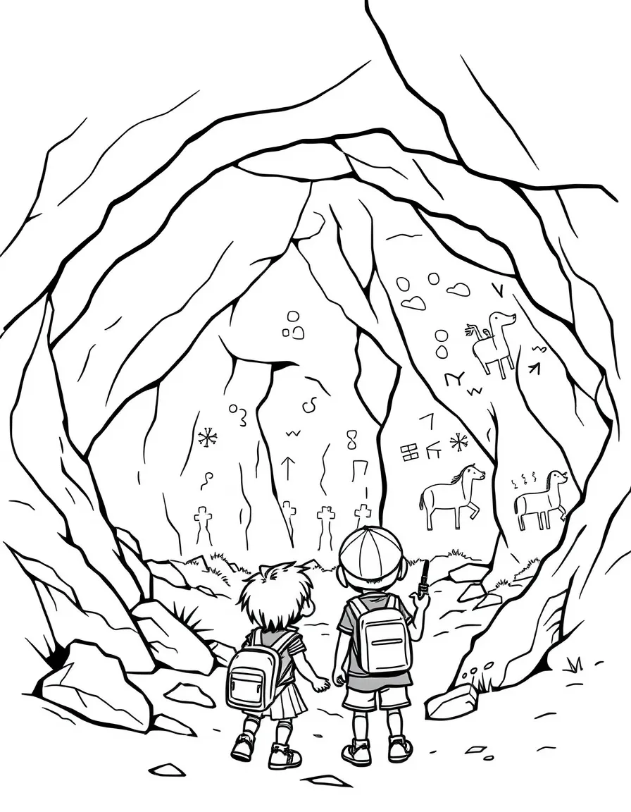 Kids exploring a cave in South Africa with ancient rock art.
