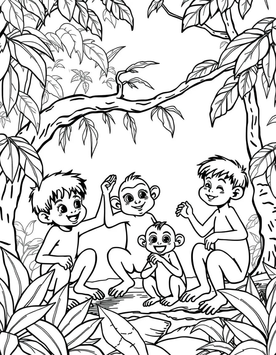 Kids playing with playful monkeys in a Malaysian rainforest.