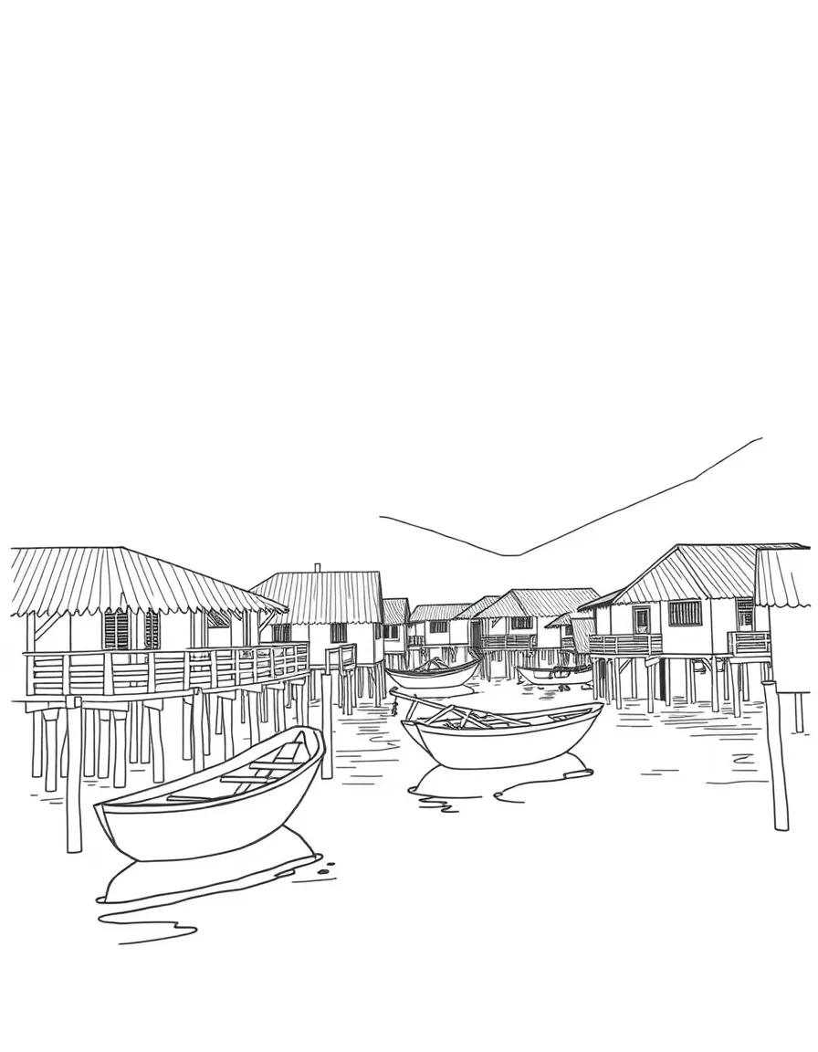 A traditional Malaysian fishing village with stilt houses.