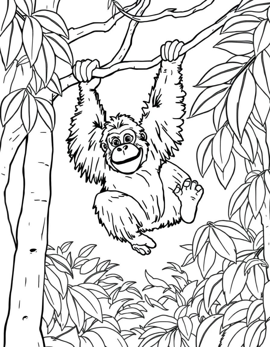 A friendly orangutan swinging through the trees in Malaysia.