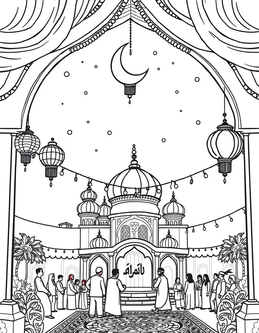A festive Eid al-Fitr celebration in Malaysia with colorful decorations.