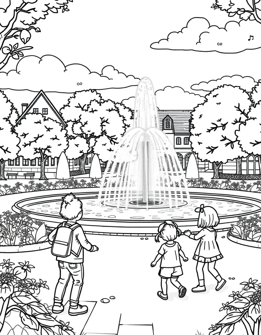 Kids playing in a beautiful German park with a fountain.