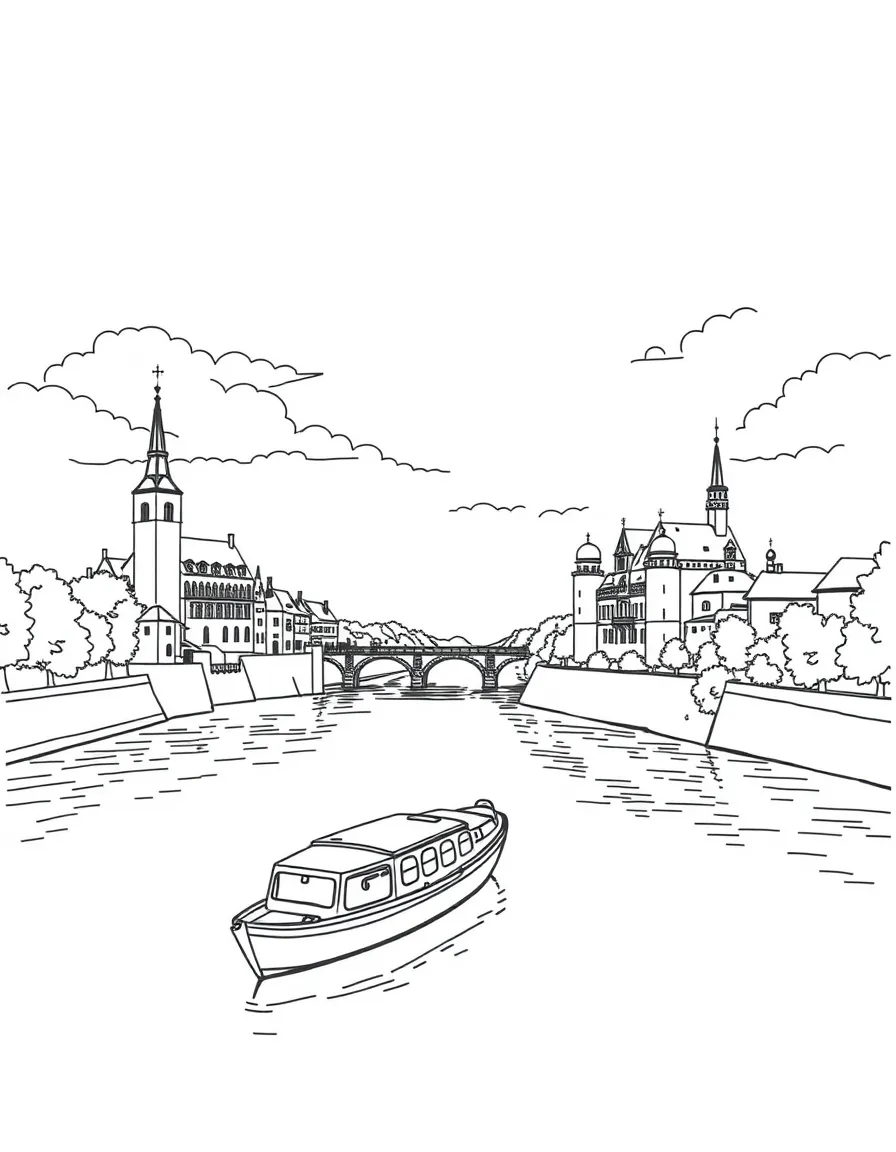A peaceful river cruise in Germany with castles on the banks.
