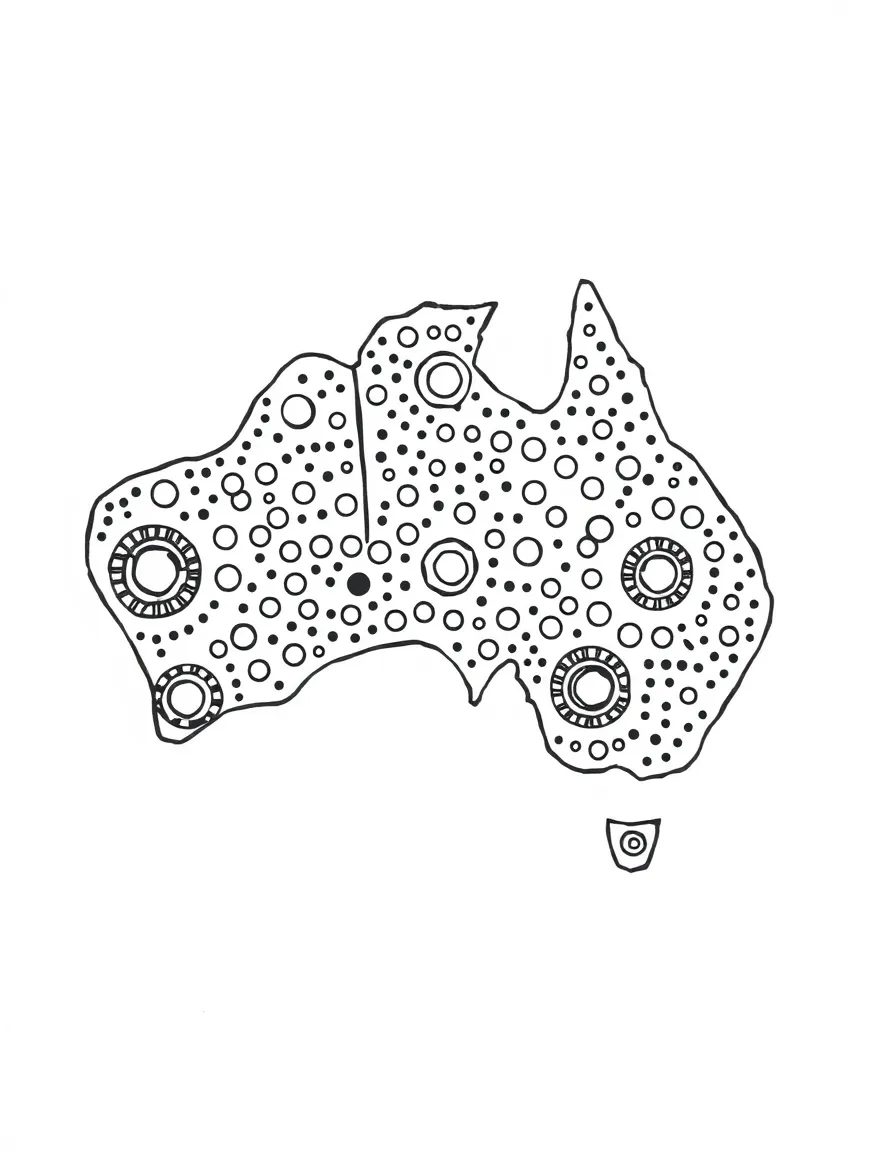 A traditional Aboriginal artwork in Australia with dots and symbols.