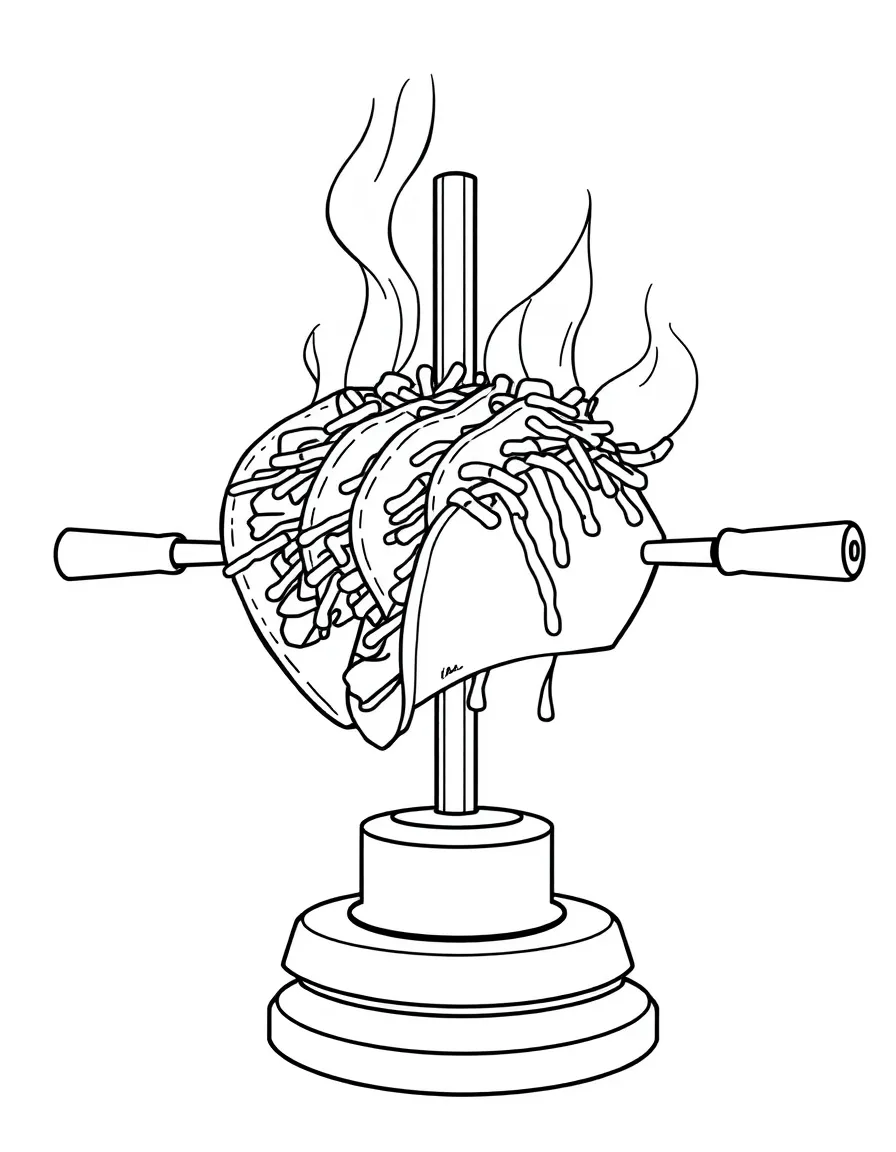 A delicious taco al pastor being prepared on a vertical rotisserie.