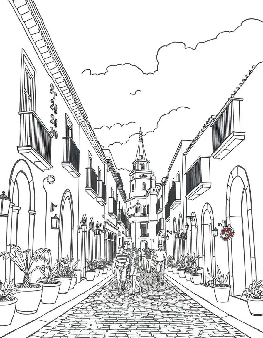 A vibrant street scene in San Miguel de Allende, Mexico, with cobblestone streets.