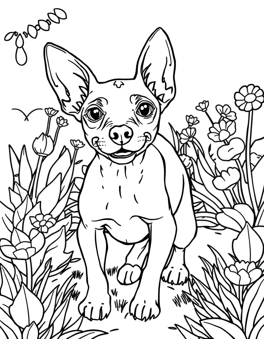 A friendly xoloitzcuintli (Mexican hairless dog) playing in a garden.
