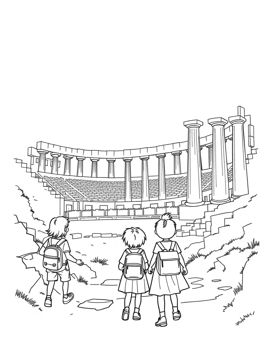 Kids exploring the ancient Olympic Stadium in Greece.