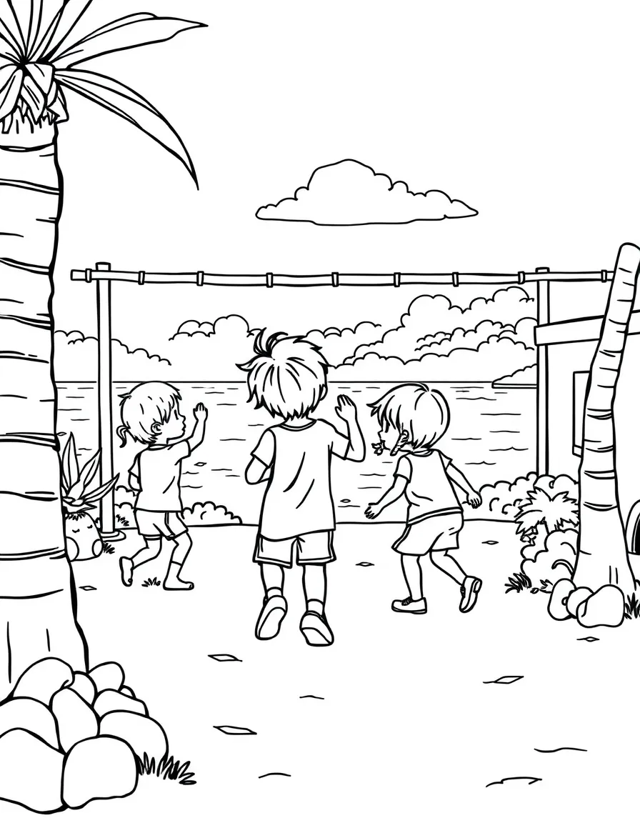 Kids playing in a Greek playground with a view of the sea.
