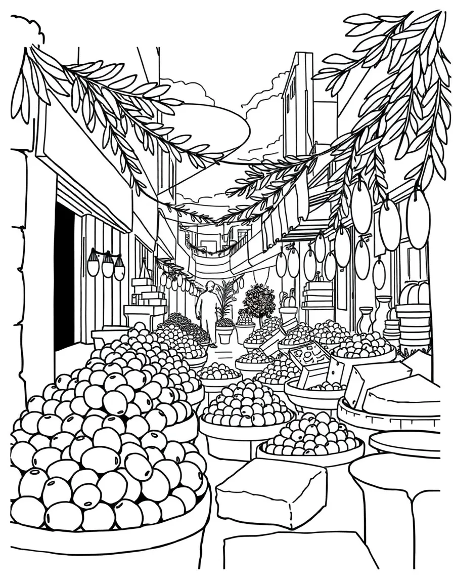 A vibrant street market in Athens with fresh olives and cheese.