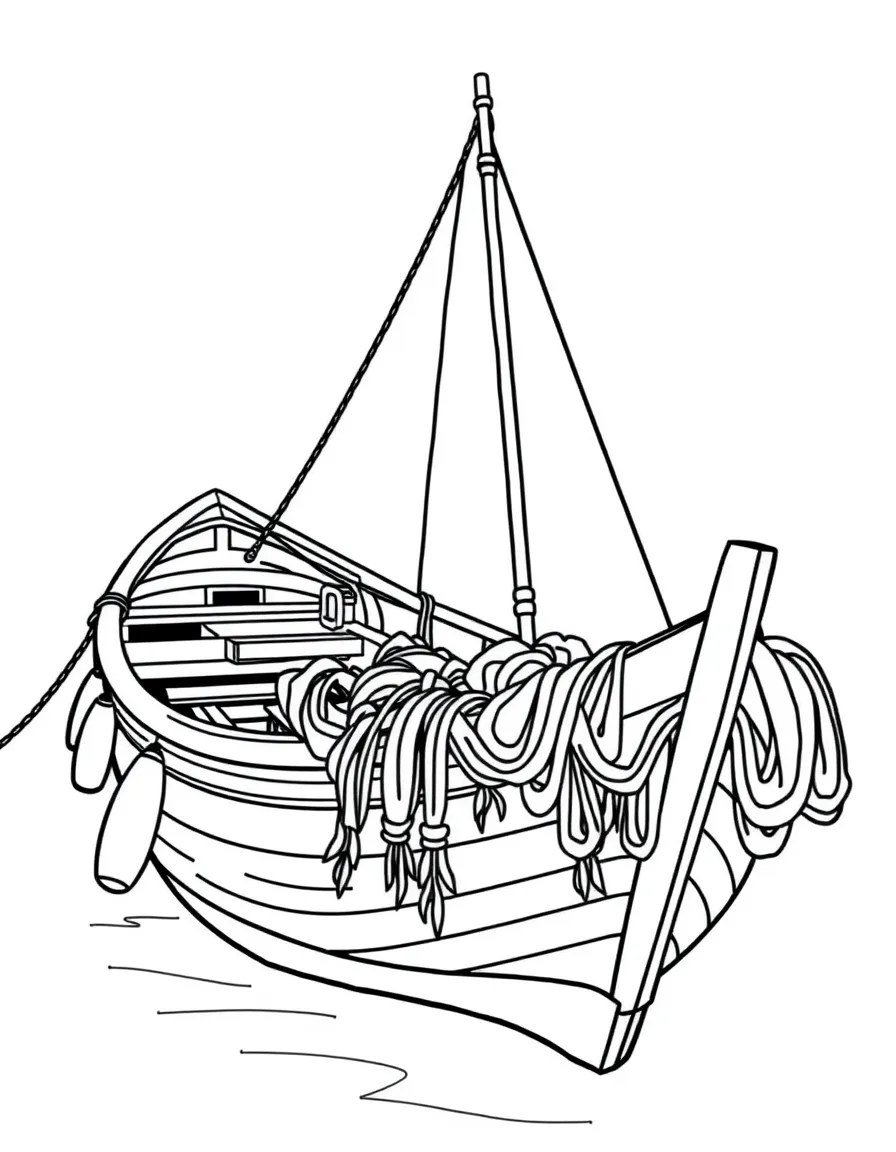 A traditional Greek fishing boat with colorful nets.