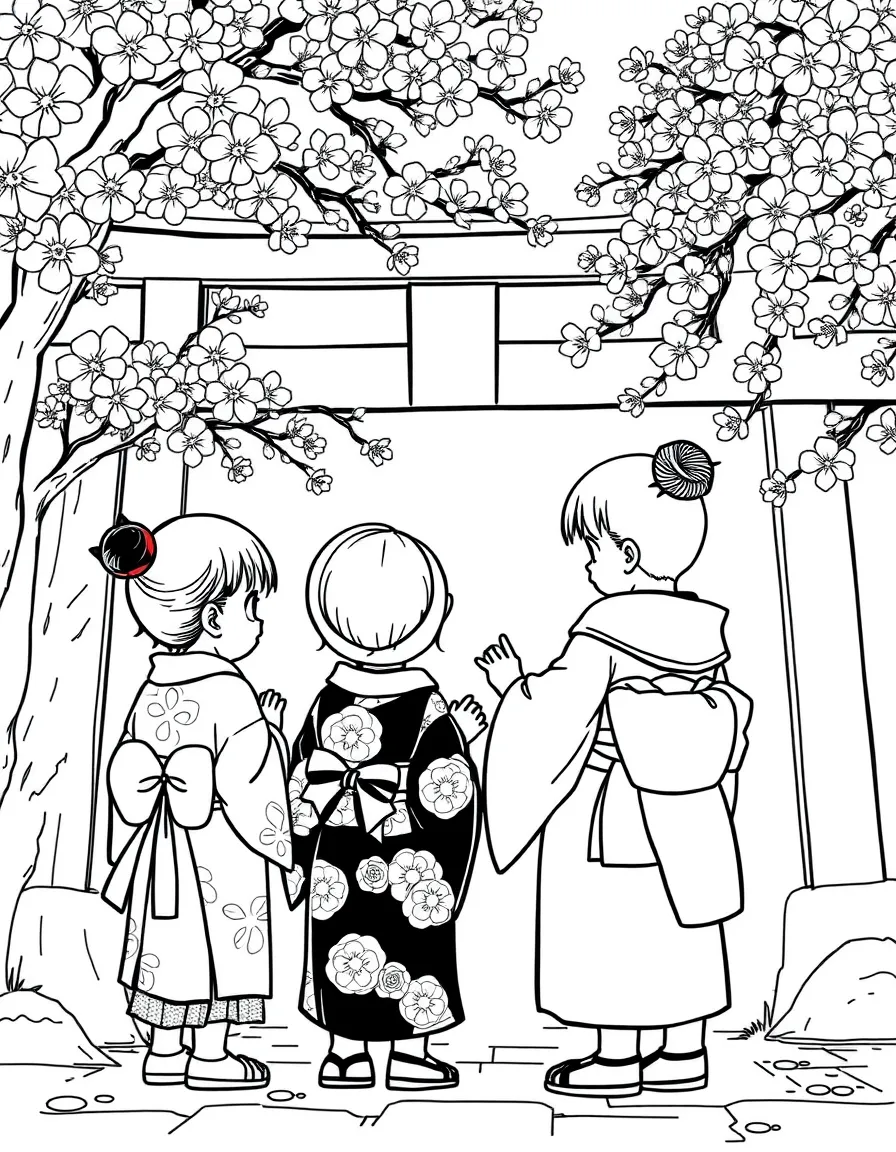 Kids dressing up in kimonos at a cherry blossom festival in Japan.
