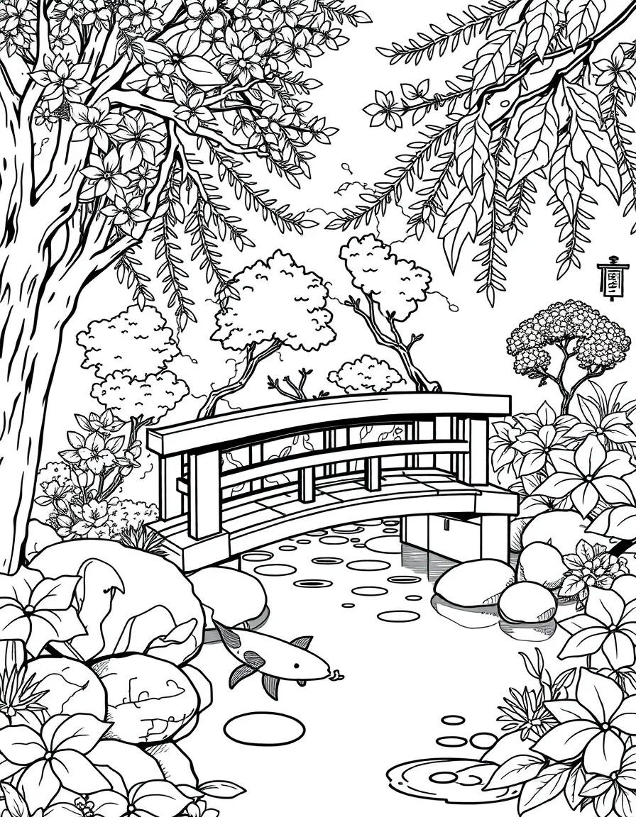 A traditional Japanese garden with a red bridge and koi fish.