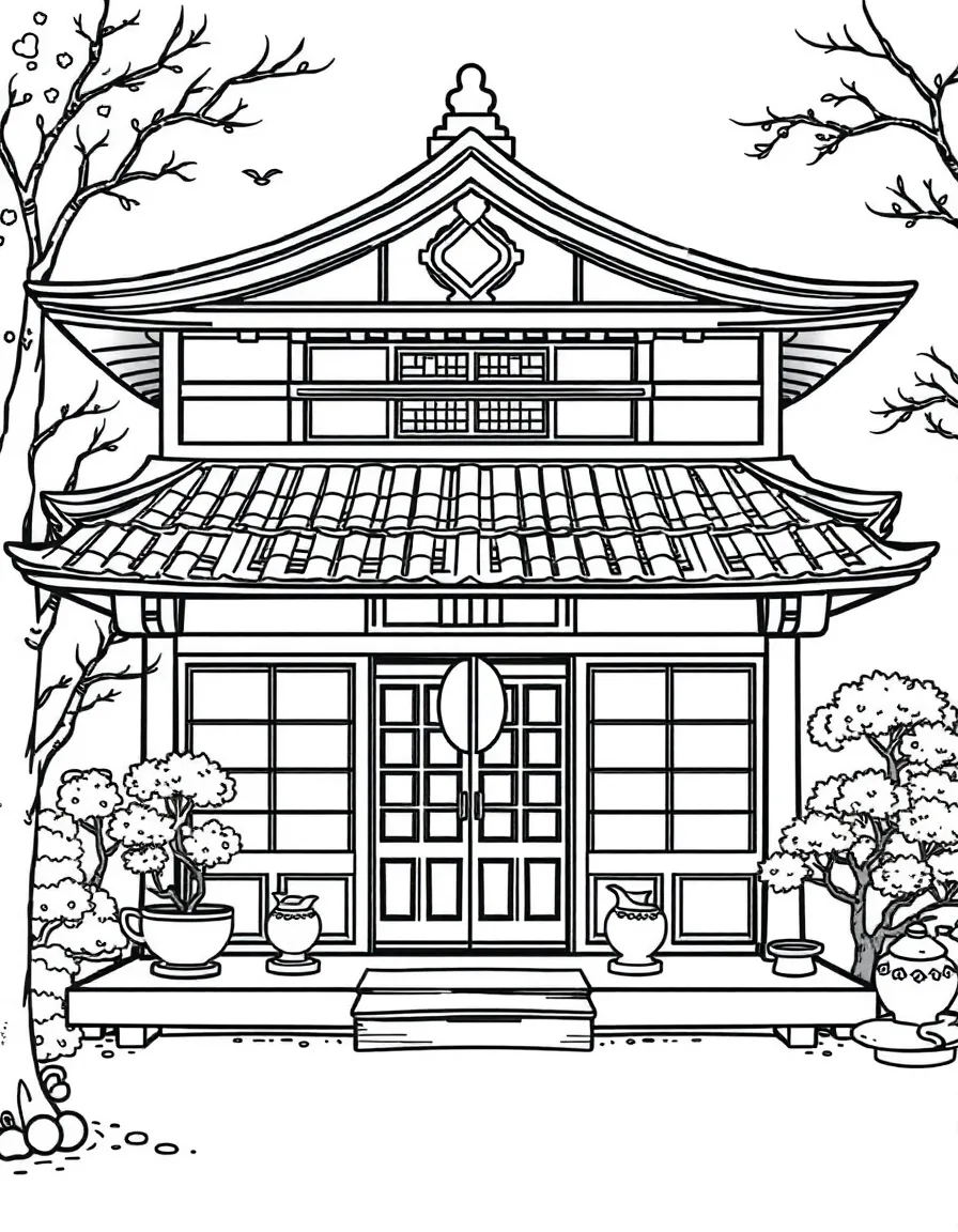 A traditional Japanese tea house with a peaceful atmosphere.