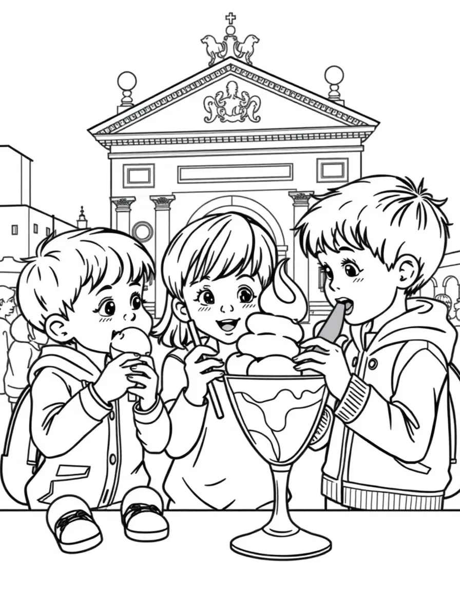 Kids eating a delicious scoop of gelato in Rome.