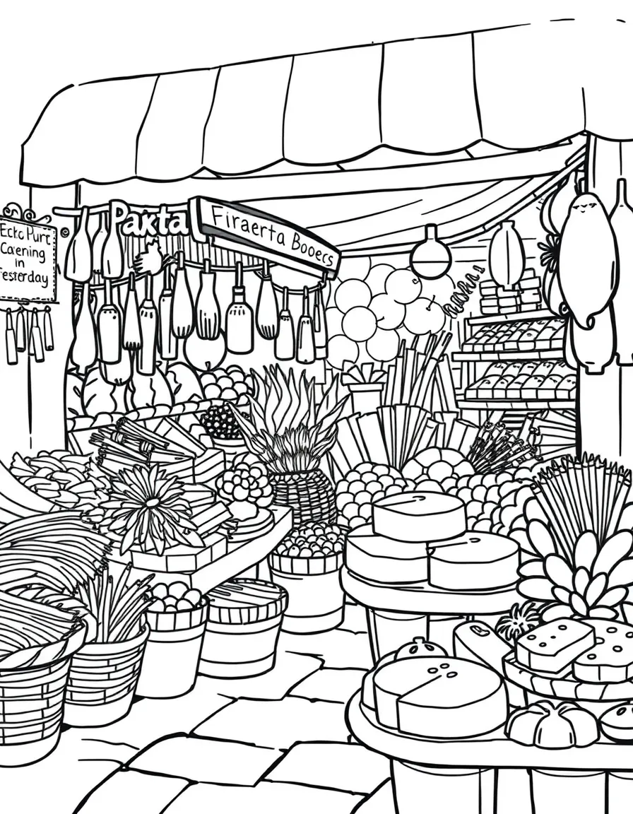 A traditional Italian market with fresh pasta and cheese.