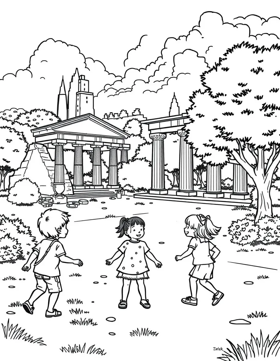 Kids playing in a Roman park with ancient ruins nearby.