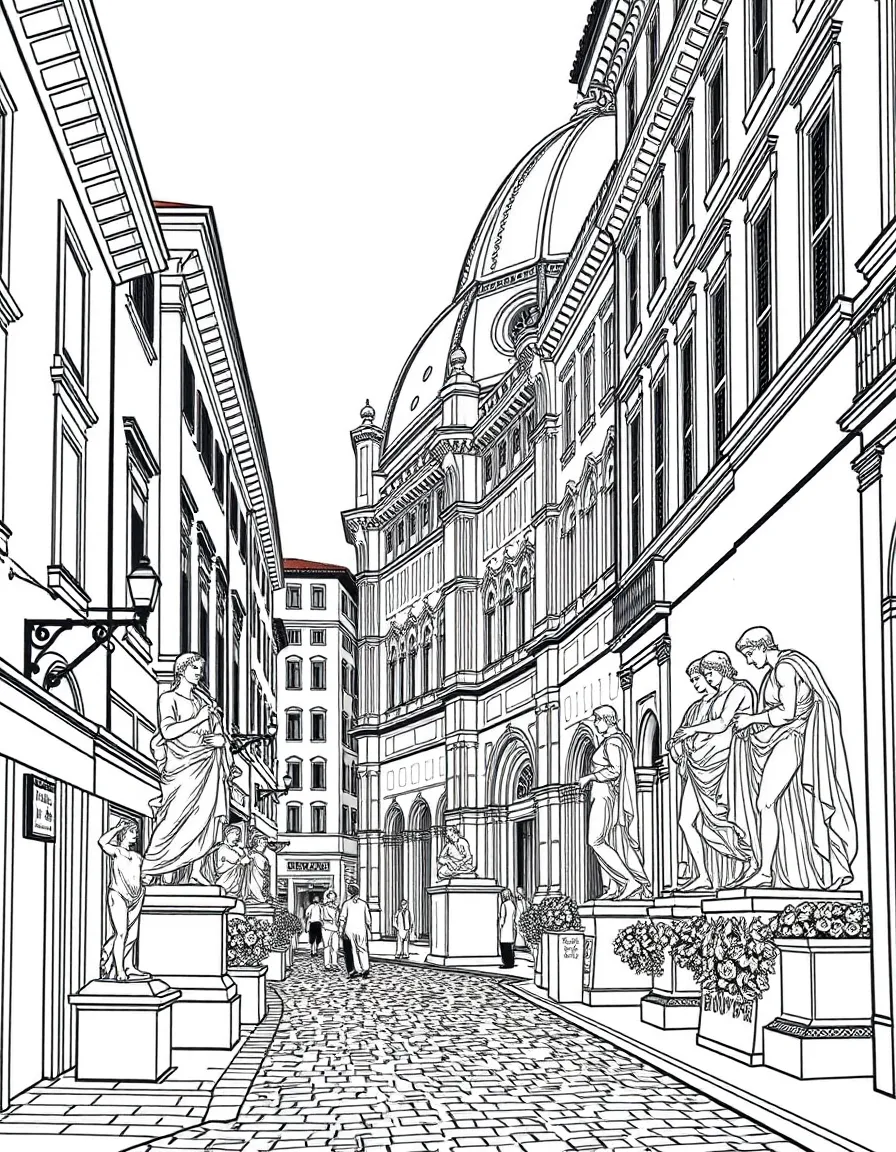 A vibrant street scene in Florence, Italy, with famous statues.