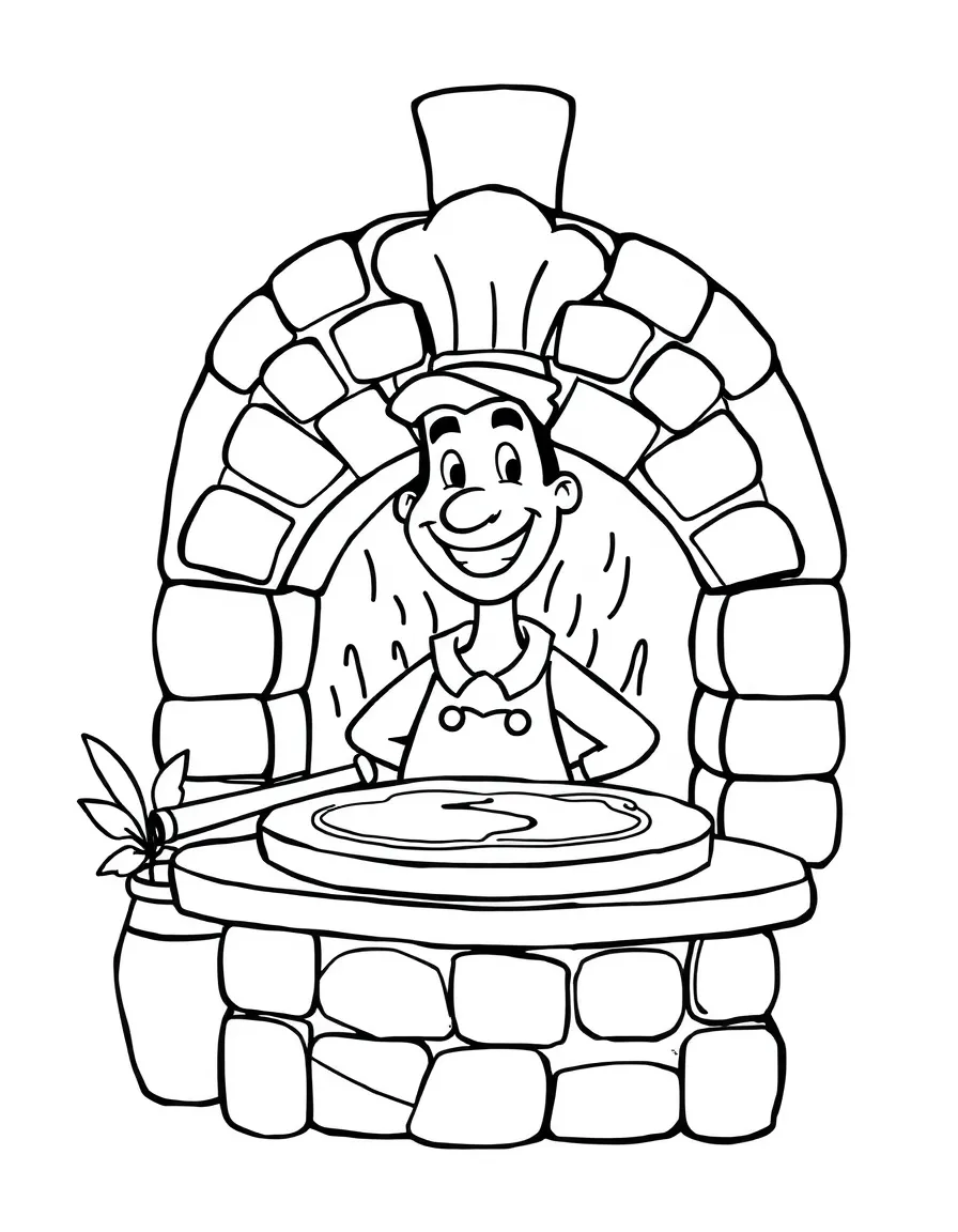 A traditional Italian pizza oven with a cheerful chef.