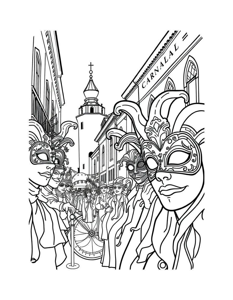 A festive Carnevale celebration in Venice with colorful masks.