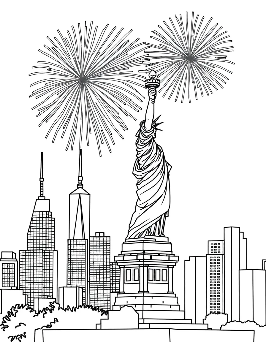 The Statue of Liberty in New York City with fireworks exploding overhead.