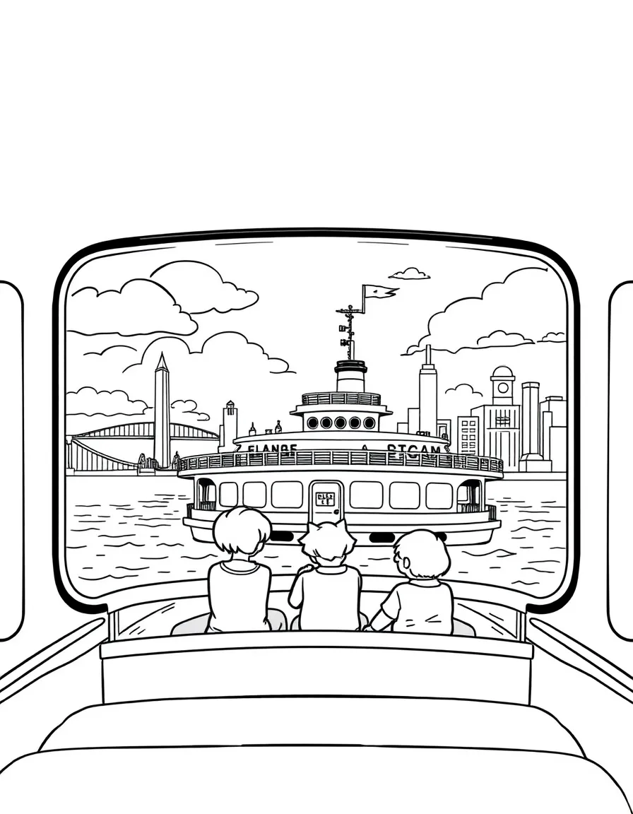 Kids riding a ferry to Ellis Island in New York City.