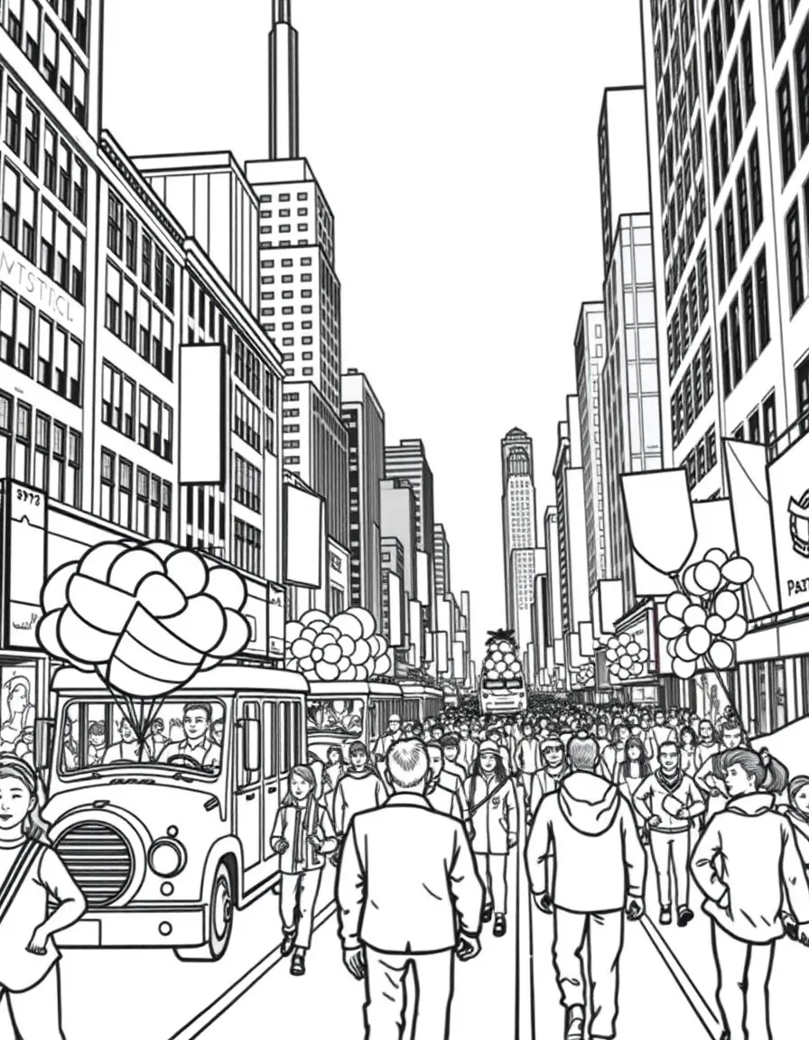 A vibrant parade in New York City with floats and balloons.