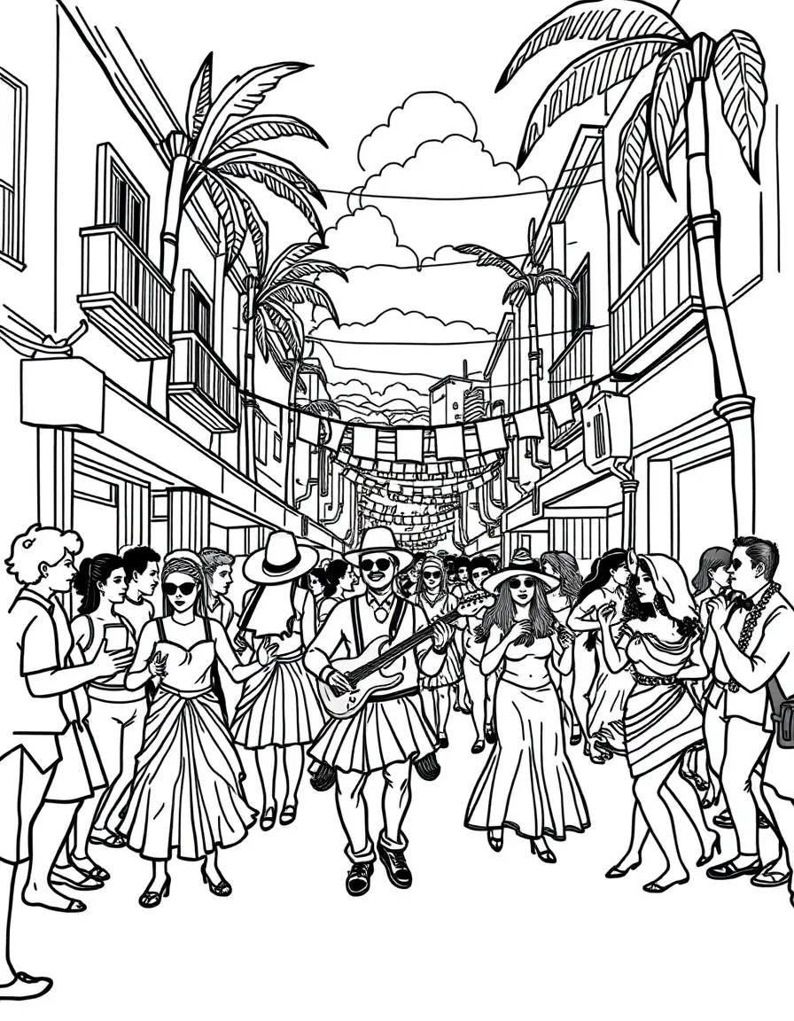 A vibrant street party in Rio with samba music and dancing.
