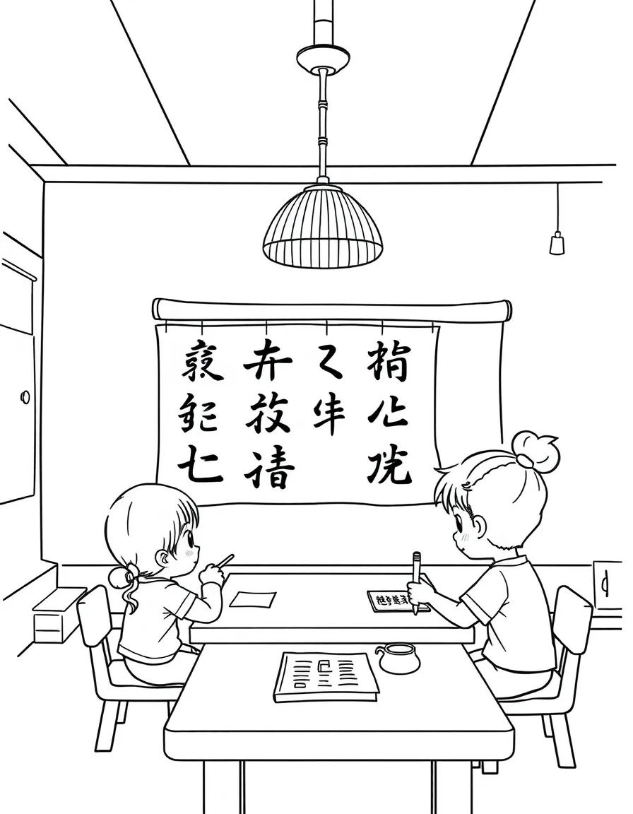 Kids learning calligraphy in a Chinese classroom.