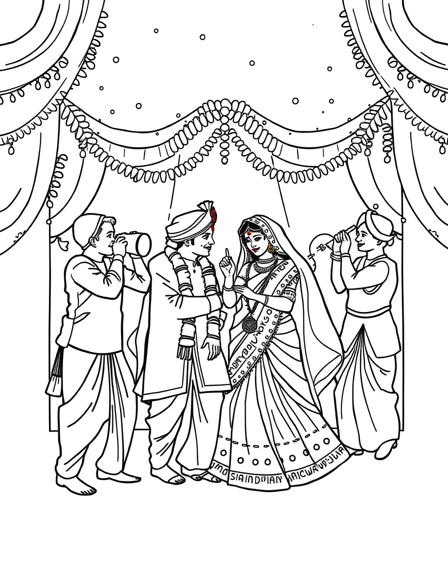 A festive wedding celebration in India with music and dancing.