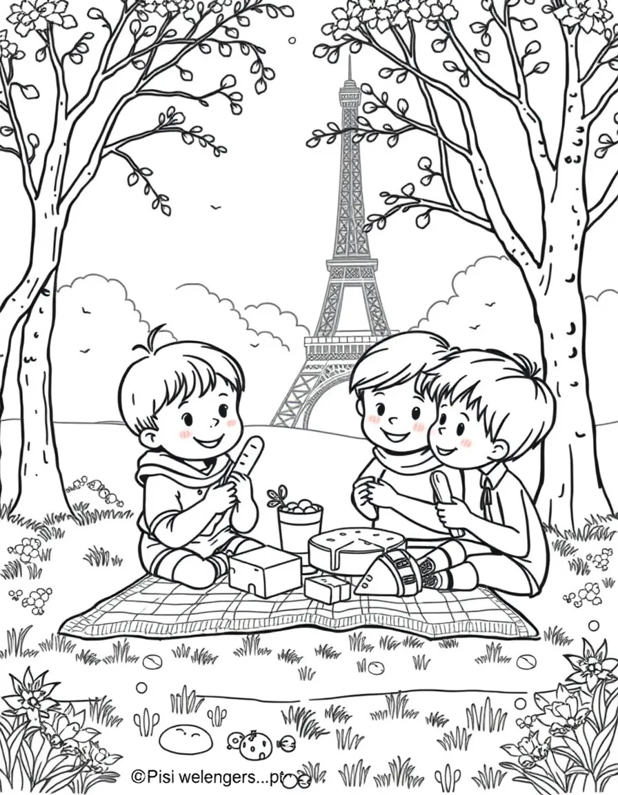 Kids having a picnic with baguettes and cheese in a Parisian park.